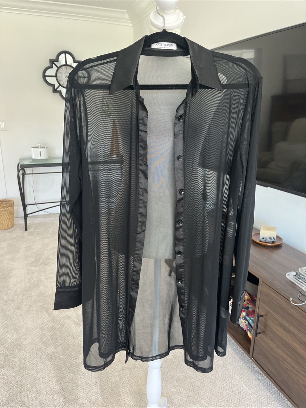 Kate Kasin Black Sheer Mesh Button-Down Blouse Tunic Satin Collar Cover Up Sz L